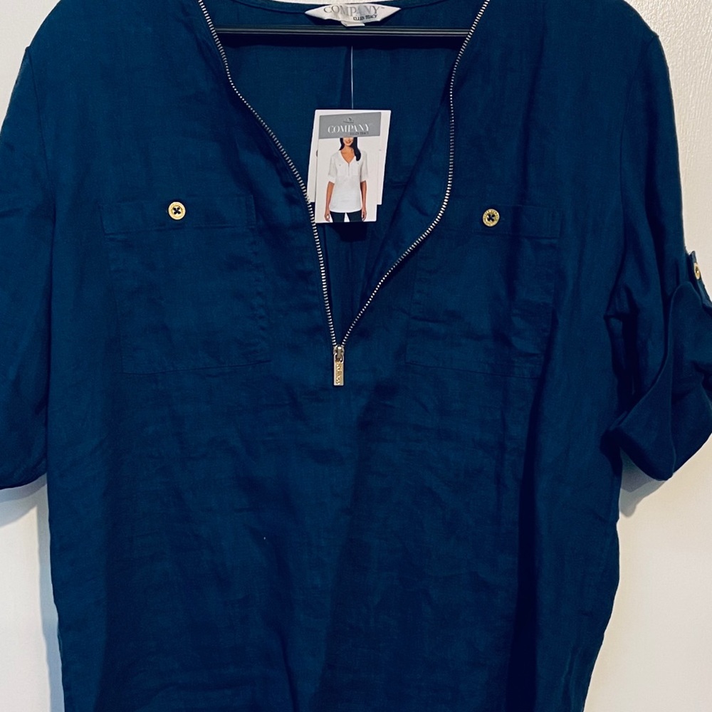 New Ellen Tracy indigo Blue 100% Lino blouse M-L